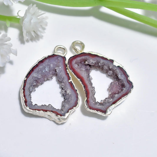 Window Druzy Pair in Silver Plated Electroplated - Geode Agate Earrings Pair