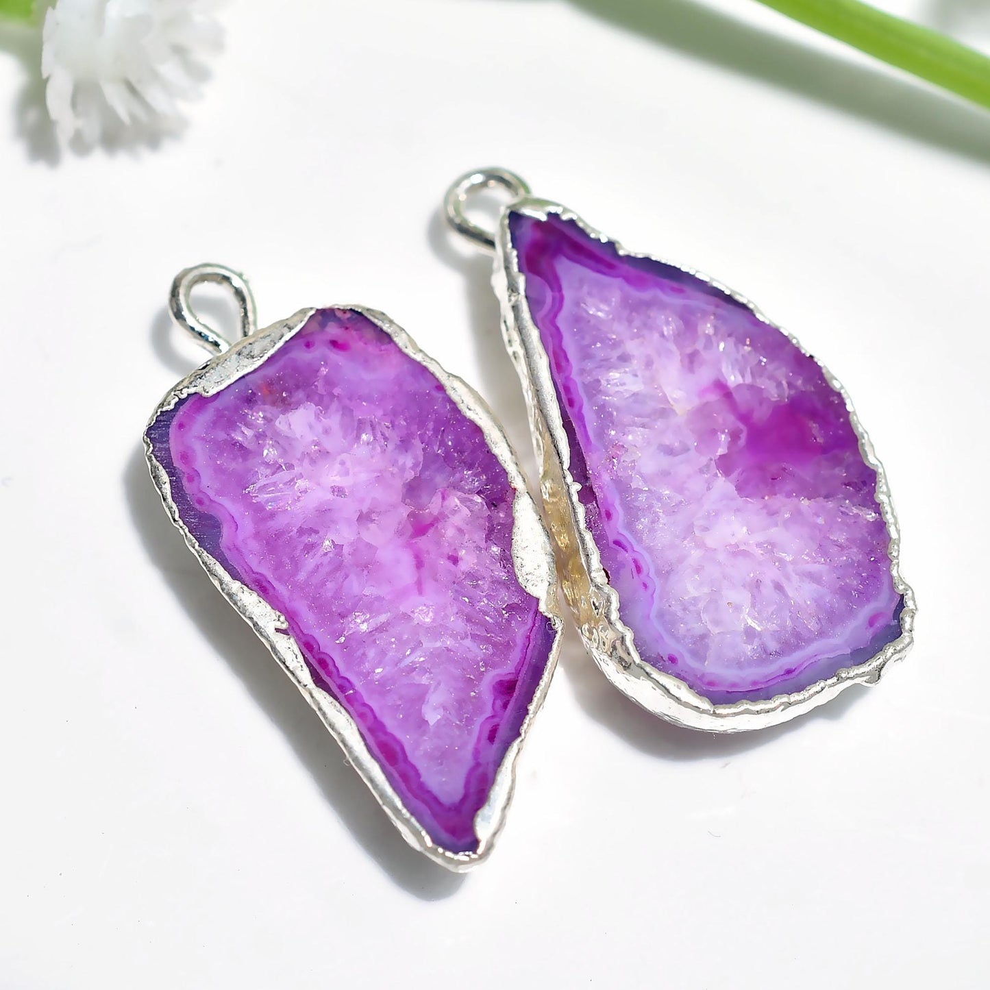 Natural Pink Druzy Slice Earring Pairs - Handmade Earring Pair, Silver Plated Earring Pair, White Window Geode Druzy Earring Pair For Women