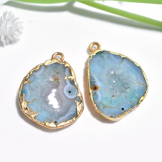 Natural Geode Druzy Earrings - Gold Plated Agate Slice with Blue Crystals