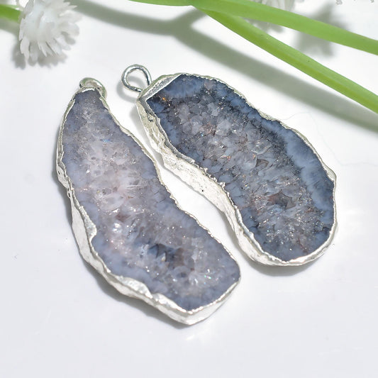 Window Druzy Agate Cabochon Pair | Silver Electroplated Earrings