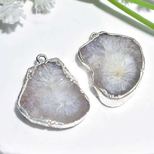 Solar Quartz Pair - Fancy Shape Geode Agate, Silver Electroplated Dyed Window Druzy Earrings Pair