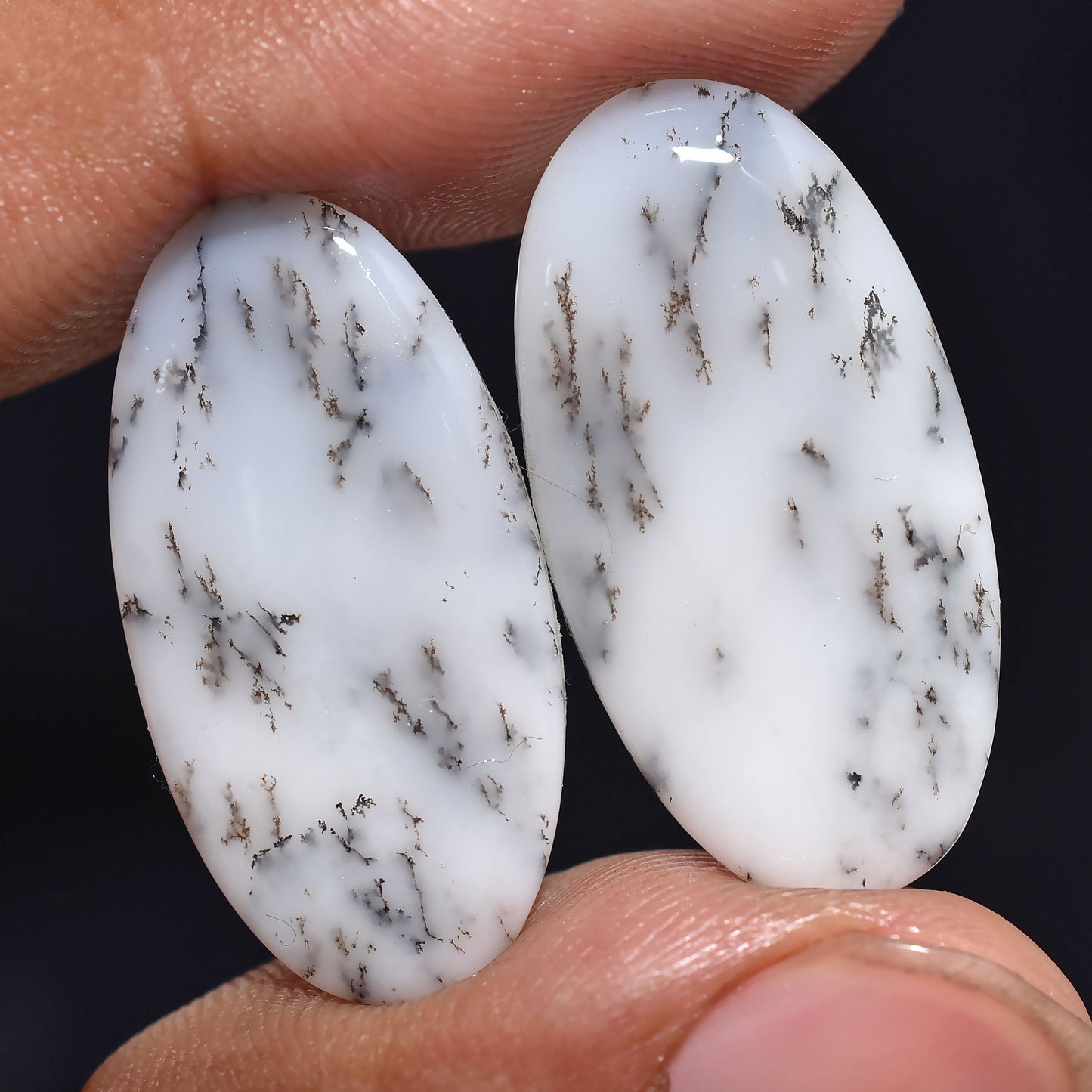 Dendritic Agate Loose Gemstones Pair - Natural Dendrite Opal Cabochon for Earrings