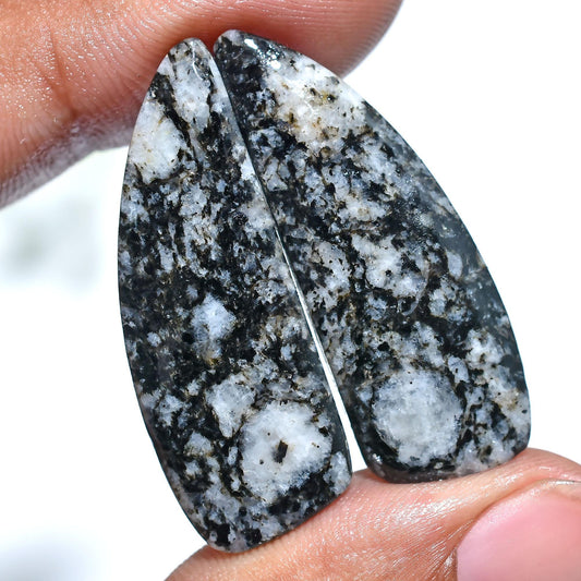 Natural Black Zebra Jasper Cabochon Pair – Snowflake Jasper Polished Gemstones for Earring Making