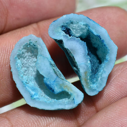 Fancy Window Druzy Geode Pair – Matching Blue Solar Quartz Agate Slice for Earrings