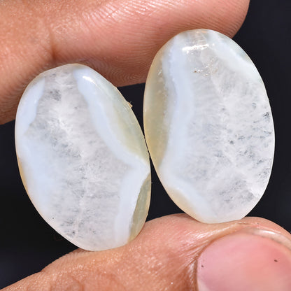 Blue Lace Agate Cabochon Pair - Square & Oval Shapes, Smooth Gemstones for Jewelry Making