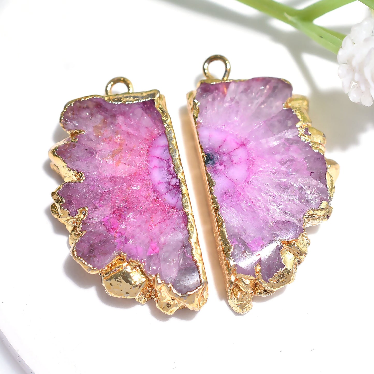 Blue & Pink Quartz Gemstone Earrings Pair | Unique Gold Electroplated Matching Stone Earrings for Women