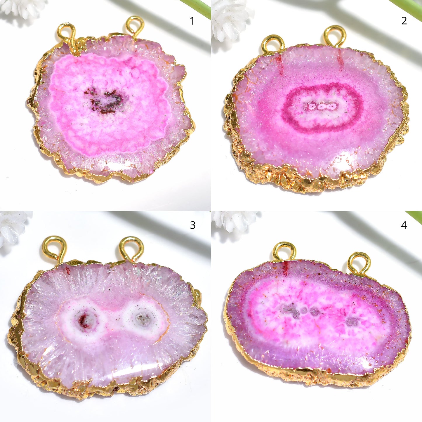 Lovely Pink Solar Quartz Pendant, Gold Electroplated Crystal Gemstone with Double Bail Connector