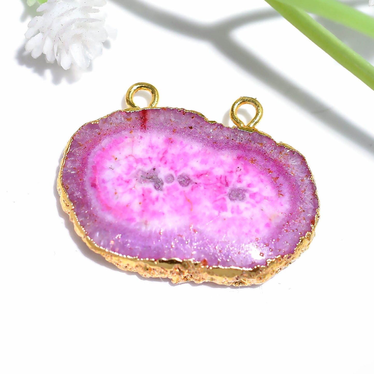 Lovely Pink Solar Quartz Pendant, Gold Electroplated Crystal Gemstone with Double Bail Connector