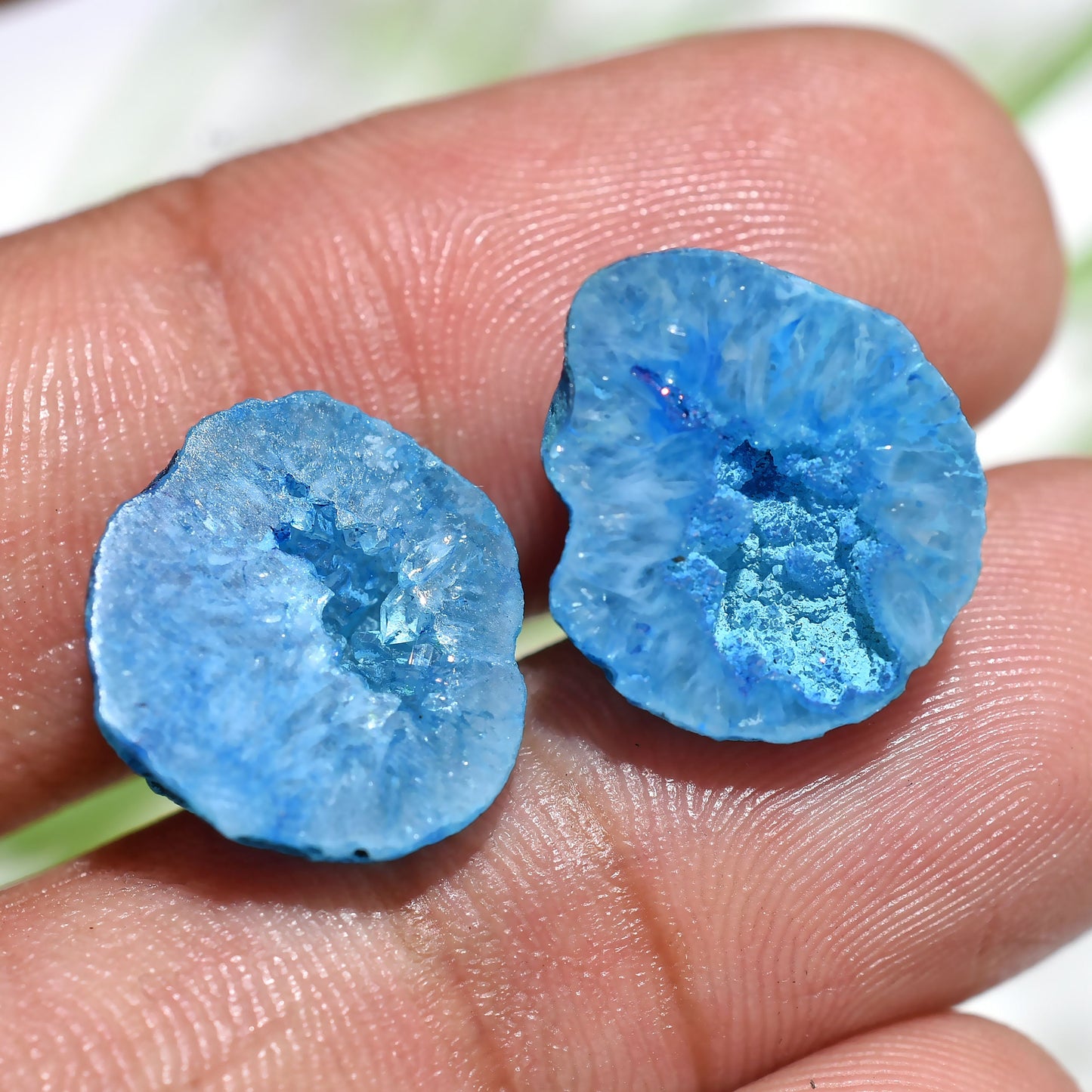 Blue Druzy Cabochon Pair, Dyed Geode for Earrings