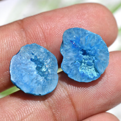 Blue Druzy Cabochon Pair, Dyed Geode for Earrings