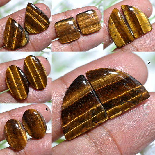 Beautiful Golden Tiger Eye Gemstone Pair - Natural Mix Shaped Smooth Polished Stone for Earrings, Wholesale Loose Crystal Matched Pair