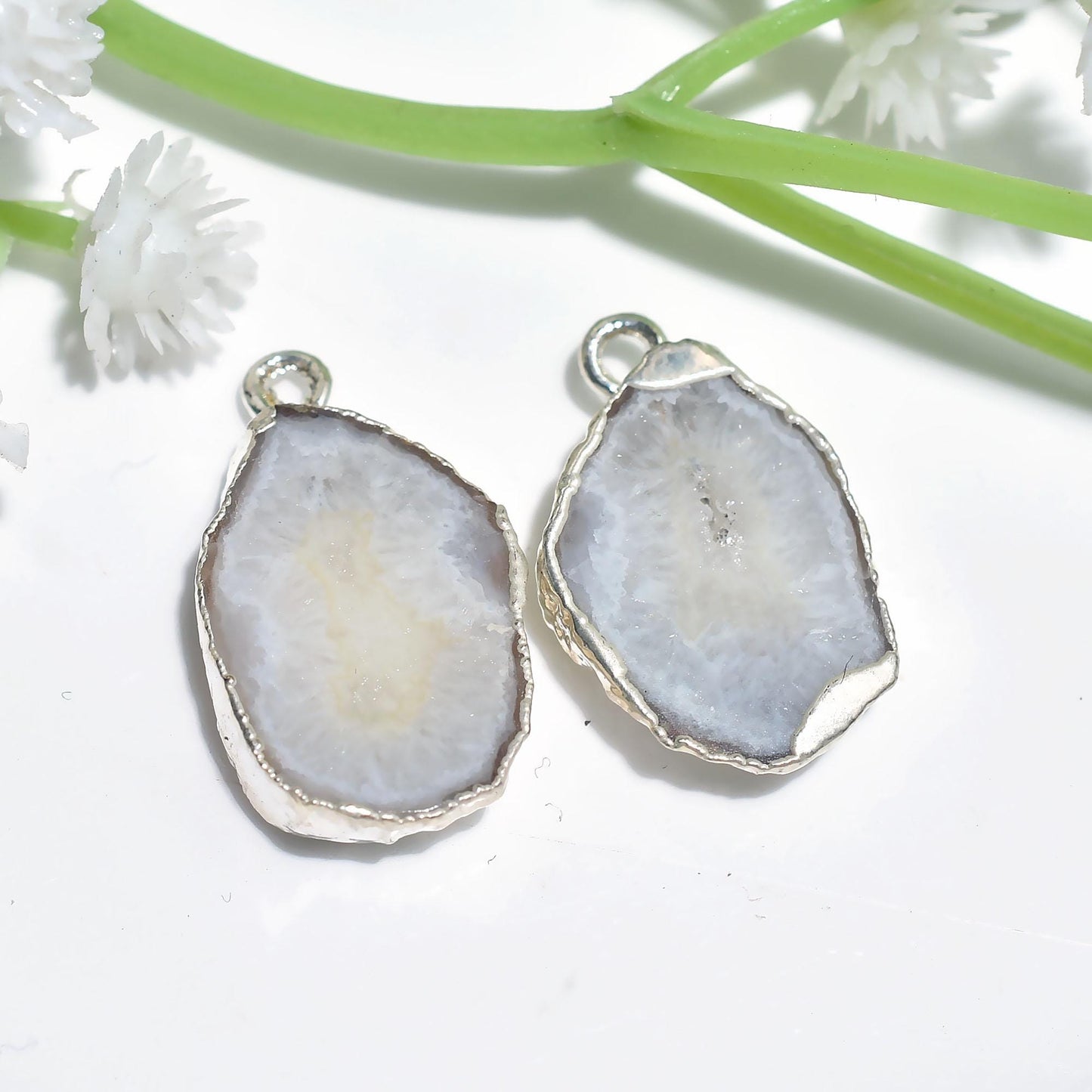 Natural Pink Druzy Slice Earring Pairs - Handmade Earring Pair, Silver Plated Earring Pair, White Window Geode Druzy Earring Pair For Women