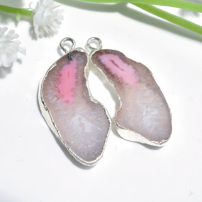 Natural Pink Druzy Slice Earring Pairs - Handmade Earring Pair, Silver Plated Earring Pair, White Window Geode Druzy Earring Pair For Women