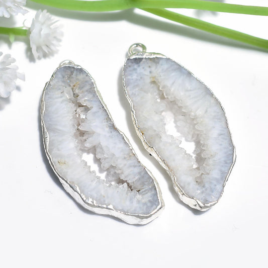 Natural Pink Druzy Slice Earring Pairs - Handmade Earring Pair, Silver Plated Earring Pair, White Window Geode Druzy Earring Pair For Women