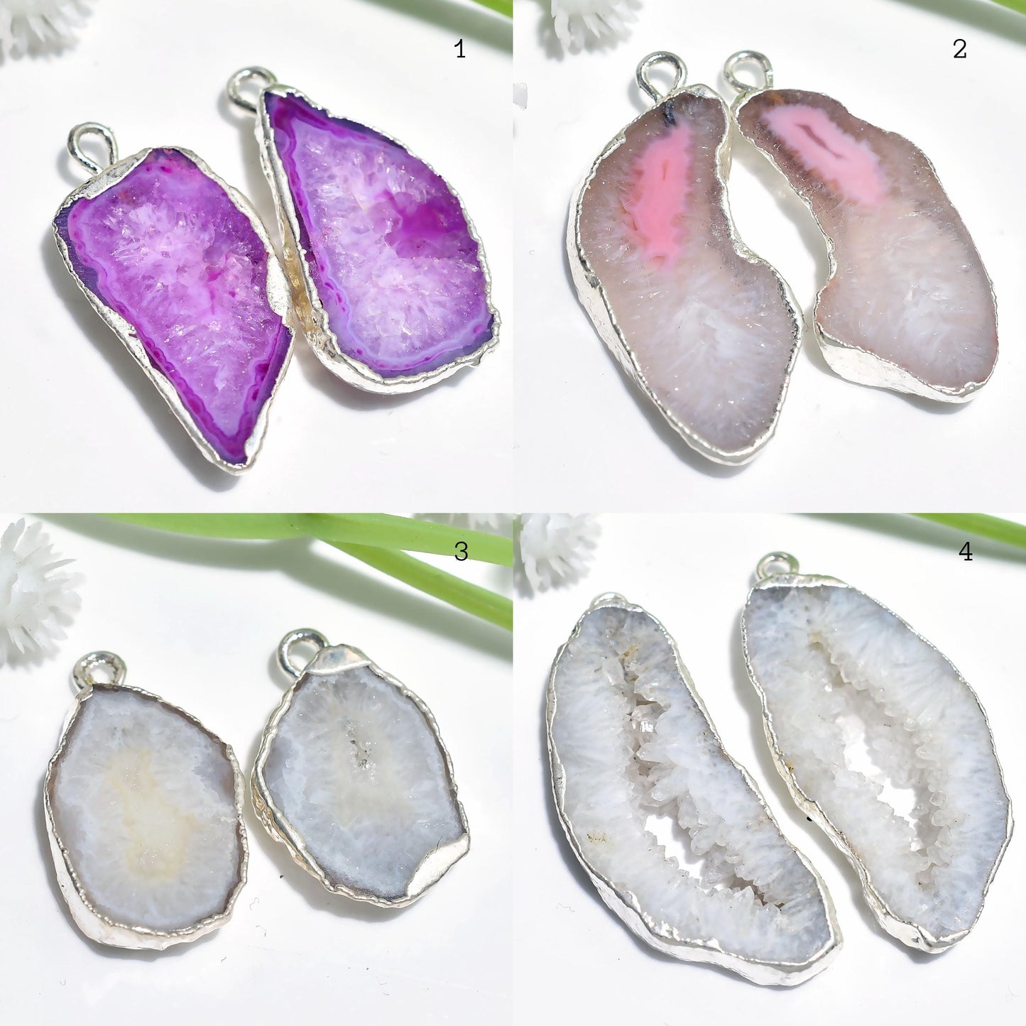 Natural Pink Druzy Slice Earring Pairs - Handmade Earring Pair, Silver Plated Earring Pair, White Window Geode Druzy Earring Pair For Women