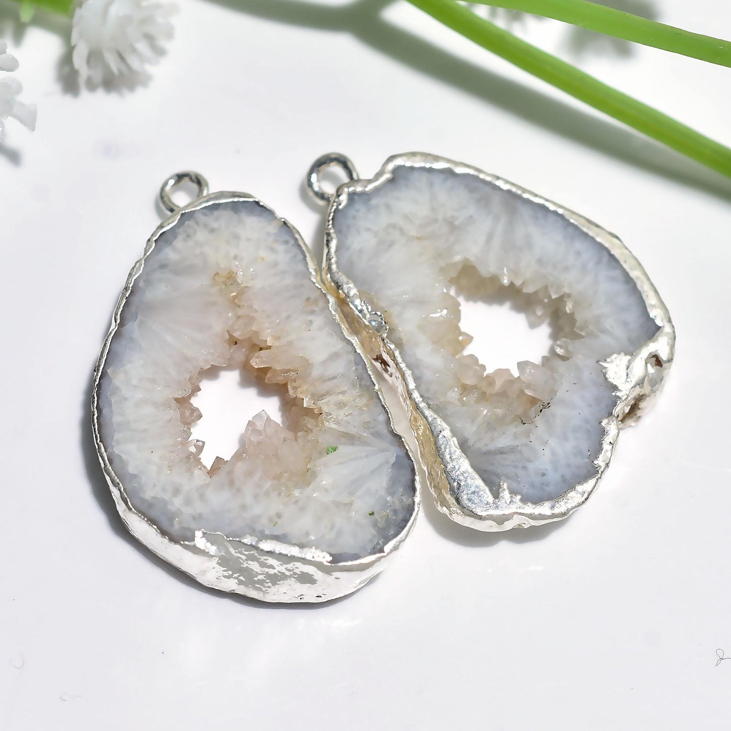 Beautiful Solar Quartz Druzy Earring Pair - Electroplated Silver Geode Earrings