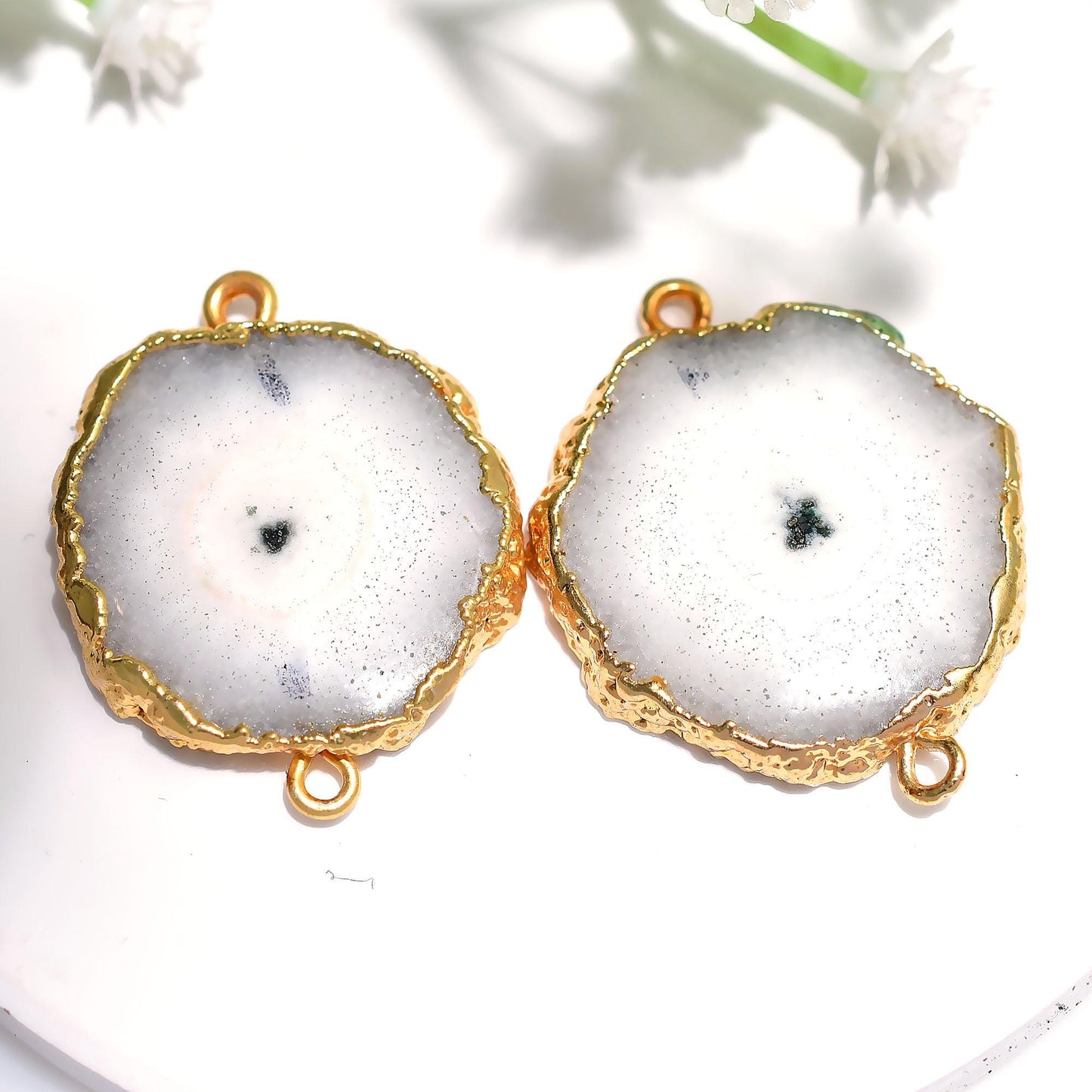 Solar Quartz Slice Earrings Pairs Connectors | Gold Electroplated Double Bail Findings for Jewelry Making - Wholesale