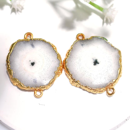 Solar Quartz Slice Earrings Pairs Connectors | Gold Electroplated Double Bail Findings for Jewelry Making - Wholesale