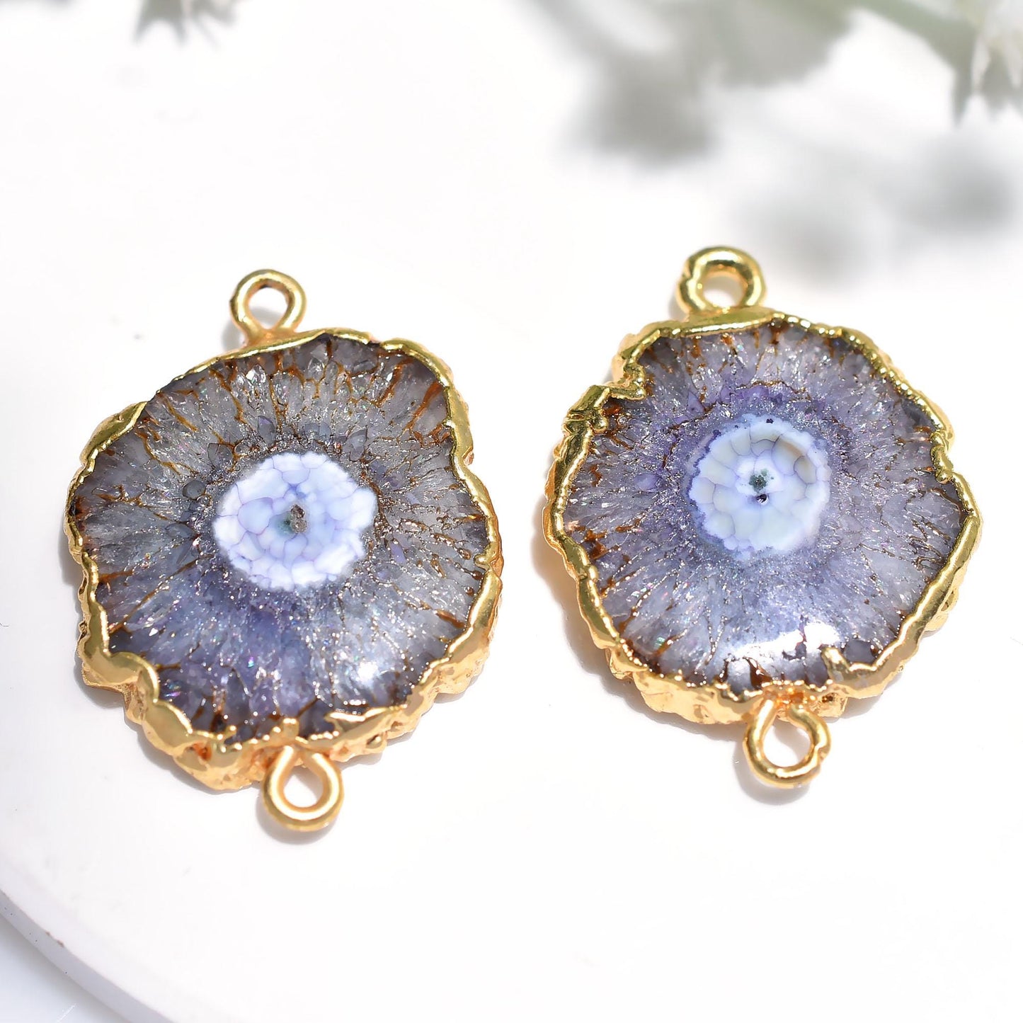 Solar Quartz Slice Earrings Pairs Connectors | Gold Electroplated Double Bail Findings for Jewelry Making - Wholesale