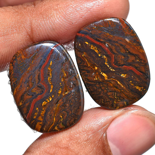 Attractive Iron Tiger Eye Gemstone Pair - Oval Shaped Cabochons for Custom Earrings, Wholesale Flatback Stones