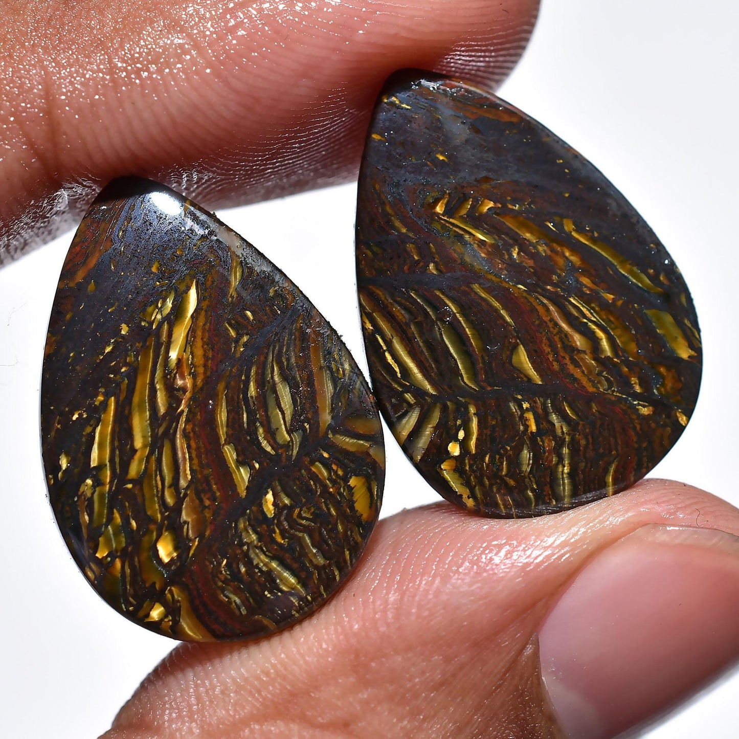 Golden Iron Tiger Eye Cabochon Pair - Matched Iron Tiger Eye Pair for Earring Jewelry