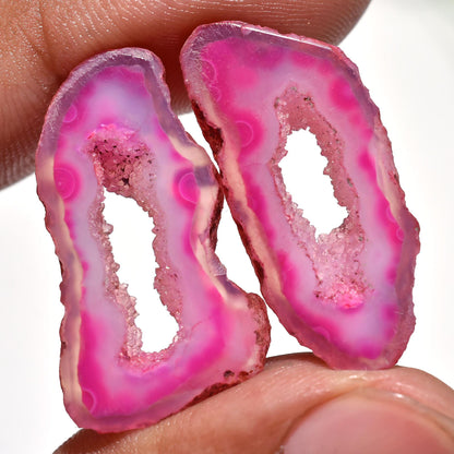 Pink Window Druzy - Quartz Geode Slice Agate Matched Pair