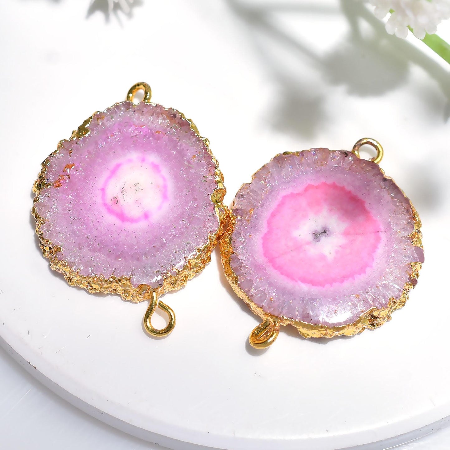 Solar Quartz Slice Earrings Pairs Connectors | Gold Electroplated Double Bail Findings for Jewelry Making - Wholesale