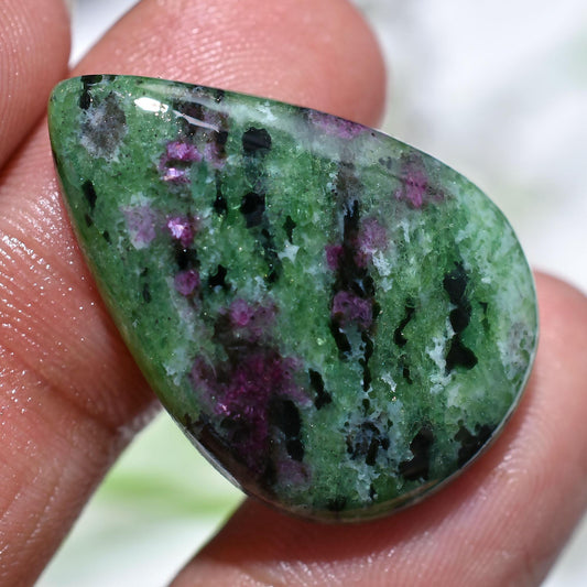 AAA Ruby Zoisite Cabochon - Pear Shaped Green Zoisite Smooth Flat Back Gemstone for Pendant Jewelry