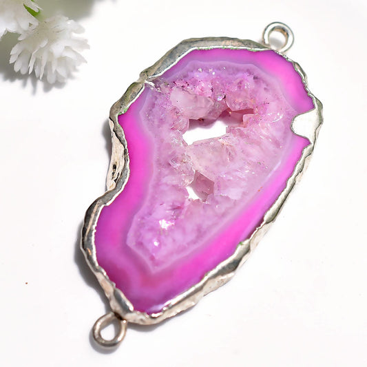 Fancy Stone Geode Connector Pendant – Double Bail Electroplated Agate Slice for DIY Jewelry, Perfect for Necklace & Bracelet Making