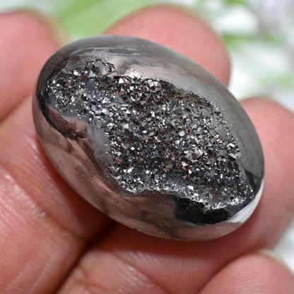 Silver Titanium Druzy Gemstone Cabochon – Sparkling Hematite Crystal for DIY Jewelry Making