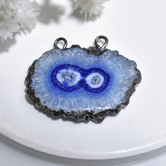 Solar Quartz Blue Agate Pendant – Double Connector for DIY Jewelry Kits | Black Electroplated Loops