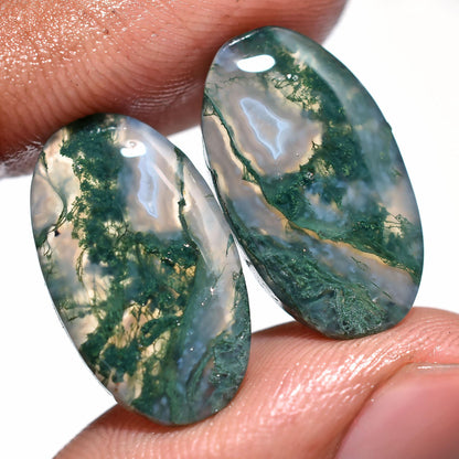 AAA Quality Moss Agate Cabochons Pair – Green Oval Gemstones for Jewelry Making