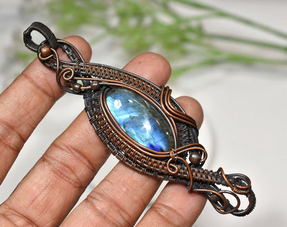 Deep Blue Labradorite Necklace – Designer Handmade Wire Wrapped Copper Pendant