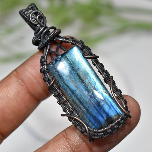 Blue Flashy Wire Wrapped Labradorite Pendant Necklace – Copper Wrapped Healing Crystal Jewelry