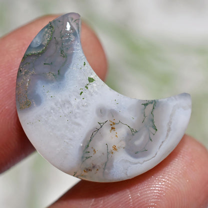 Moss Agate Moon Shaped Cabs - Green Crescent Gemstones for Pendant Making