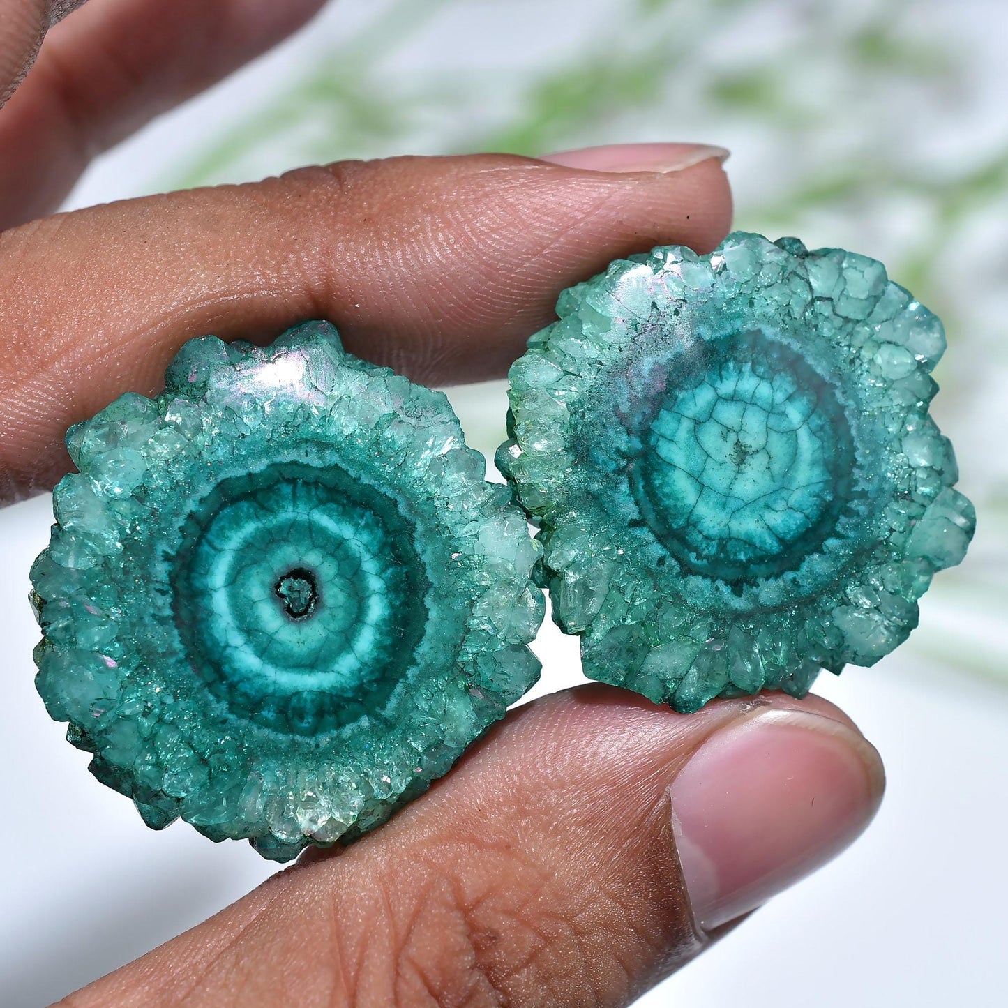 Beautiful Solar Quartz Pair Cabochon – Round Geode Stalactite Gemstones