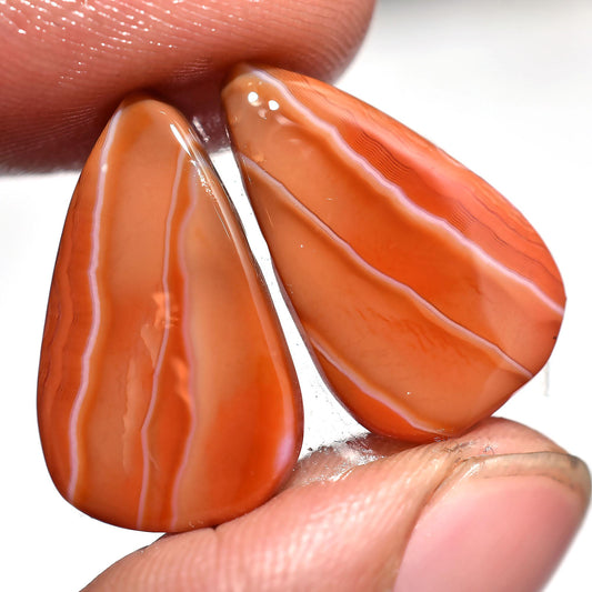 Natural Orange Banded Agate Pair - Unique Pear Shape Cabochons