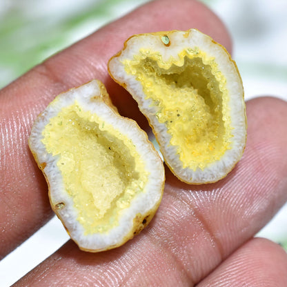 Solar Quartz Gemstone Pair - Fancy Shaped Yellow Window Druzy Cabs Pair, Dyed Window Druzy, Semi Precious Geode Slice, Earring Making Stone