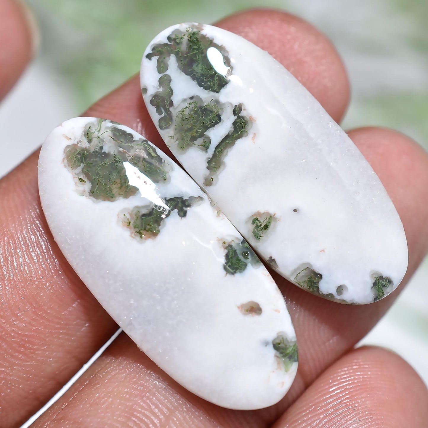 Beautiful Moss Agate Pair – Oval Shaped Polished Gemstone Matched Pair for Custom Jewelry