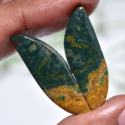 Bloodstone Earring Pair - Natural Green Yellow Gemstone Fancy Flatback Cabochon