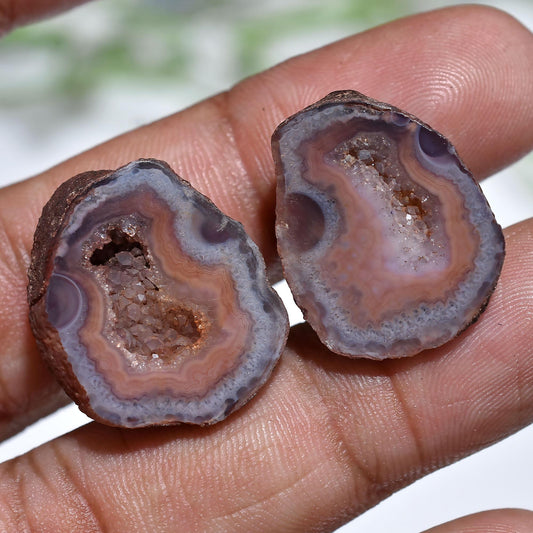 Antique Brown Window Druzy Geode Pair - Fancy Shape Agate Slice Matched Pair