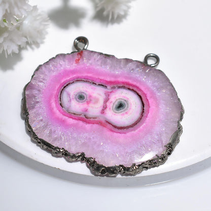 Pink Quartz Connector Pendant - Double Bail Black Electroplated Agate Slice Cabochon, Ideal DIY Jewelry Making, Double Connectors