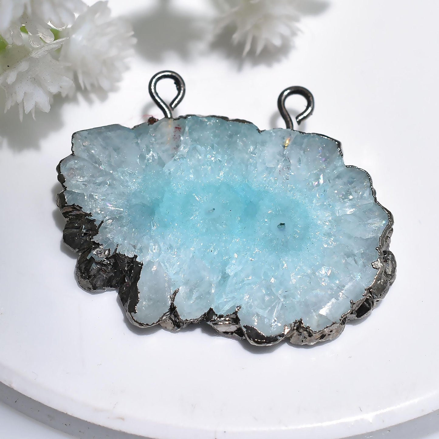 Sky Blue Solar Quartz Pendant for Women – Black Electroplated Agate Connector for DIY Jewelry