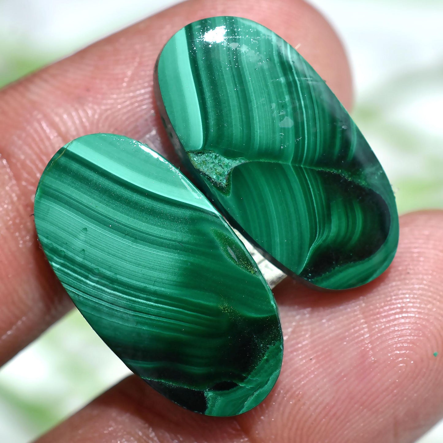 Stunning Malachite Cabochon Pair - Fancy Shaped Green Gemstones for Earring