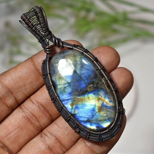 Beautiful Oval Shaped Multi Flashy Labradorite Necklace – Wire Wrapped Copper Pendant