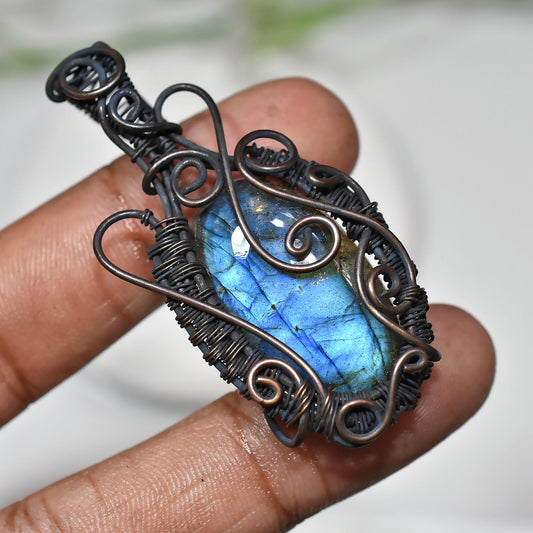 Labradorite Oval Shape Copper Pendant – Handmade Wire Wrapped Gemstone Jewelry