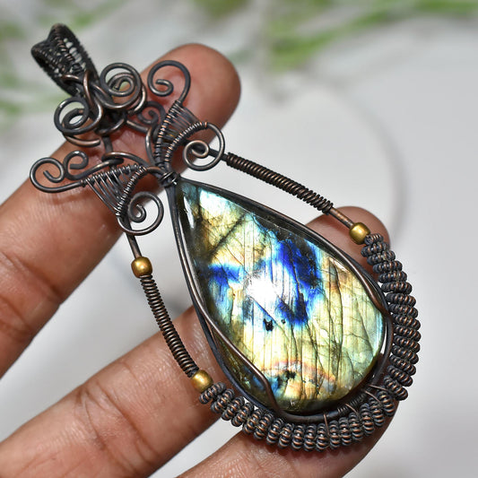 Rainbow Flashy Pear Shape Labradorite Necklace – Handmade Wire Wrapped Copper Pendant