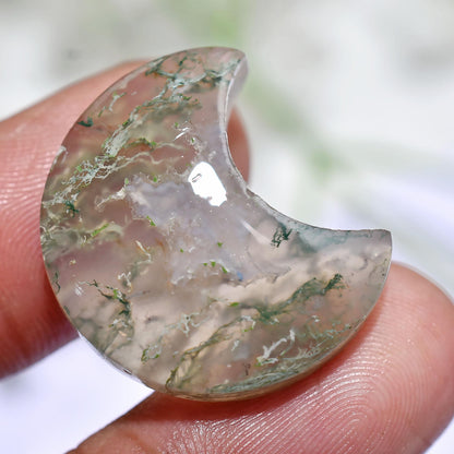 Moss Agate Moon Shaped Cabs - Green Crescent Gemstones for Pendant Making