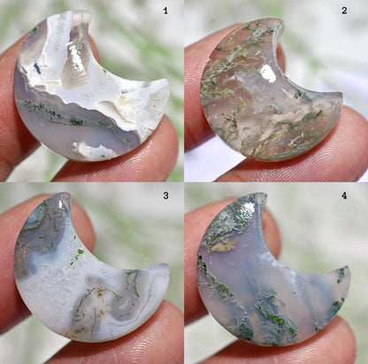 Moss Agate Moon Shaped Cabs - Green Crescent Gemstones for Pendant Making