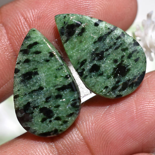 Natural Green Ruby Zoisite Cabochon Pair – Pear Shaped Polished Stones for Earrings